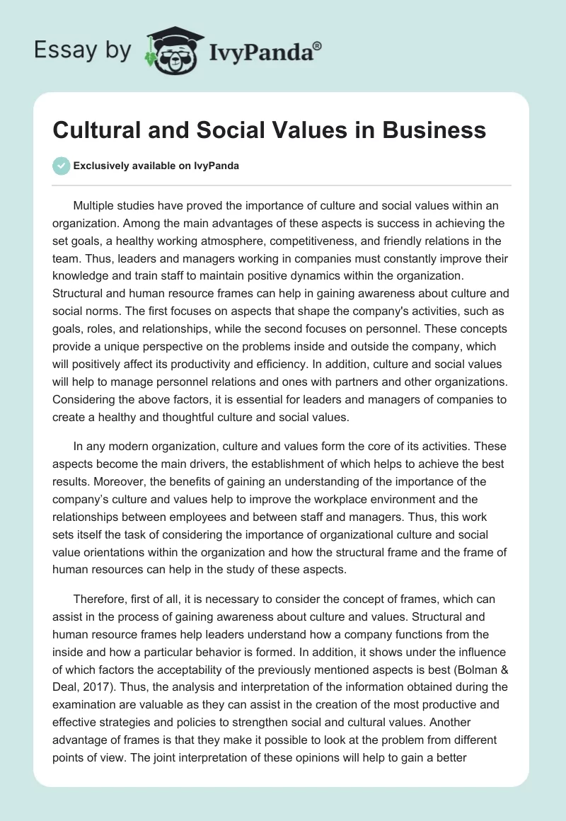 Cultural and Social Values in Business. Page 1