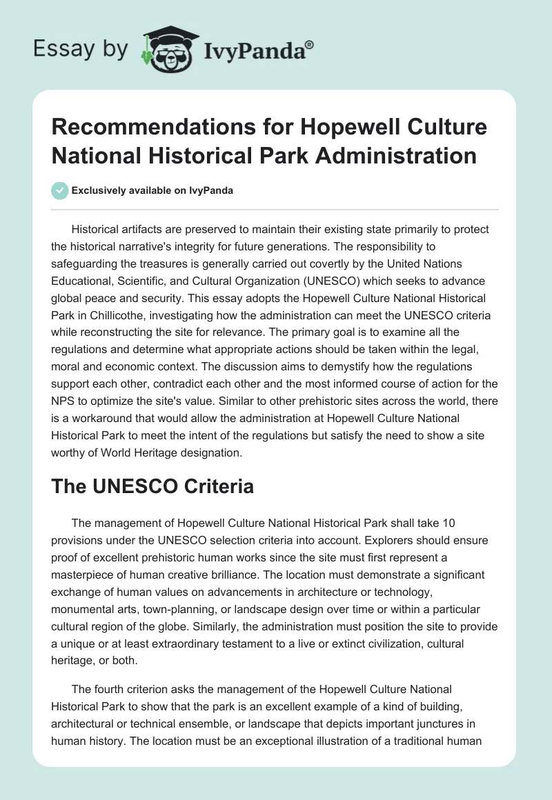 Recommendations for Hopewell Culture National Historical Park Administration. Page 1