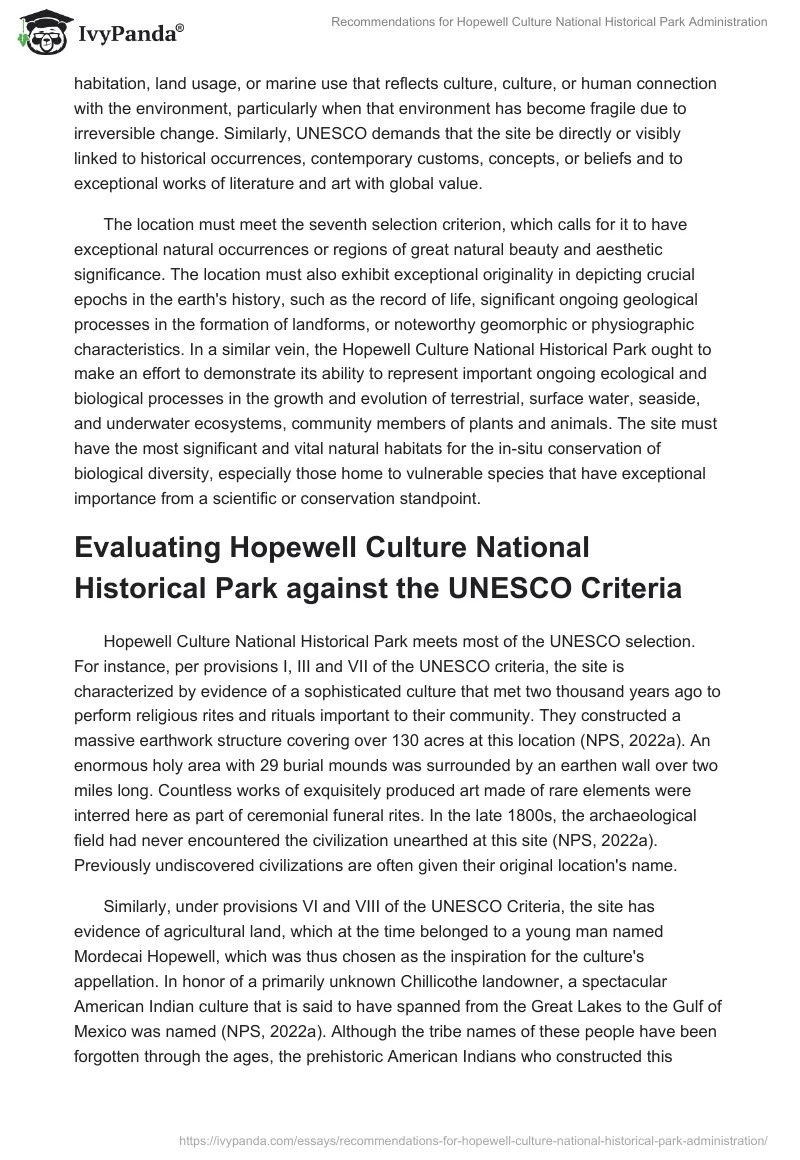 Recommendations for Hopewell Culture National Historical Park Administration. Page 2