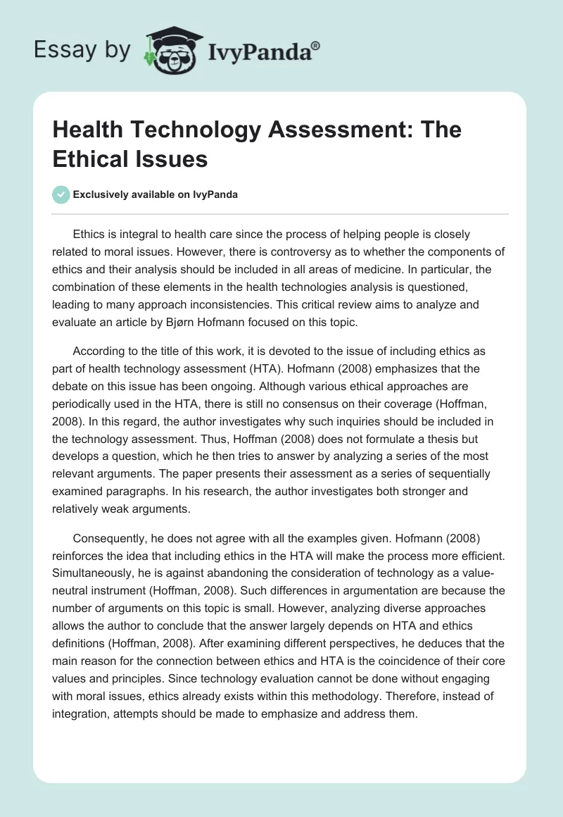Health Technology Assessment: The Ethical Issues. Page 1