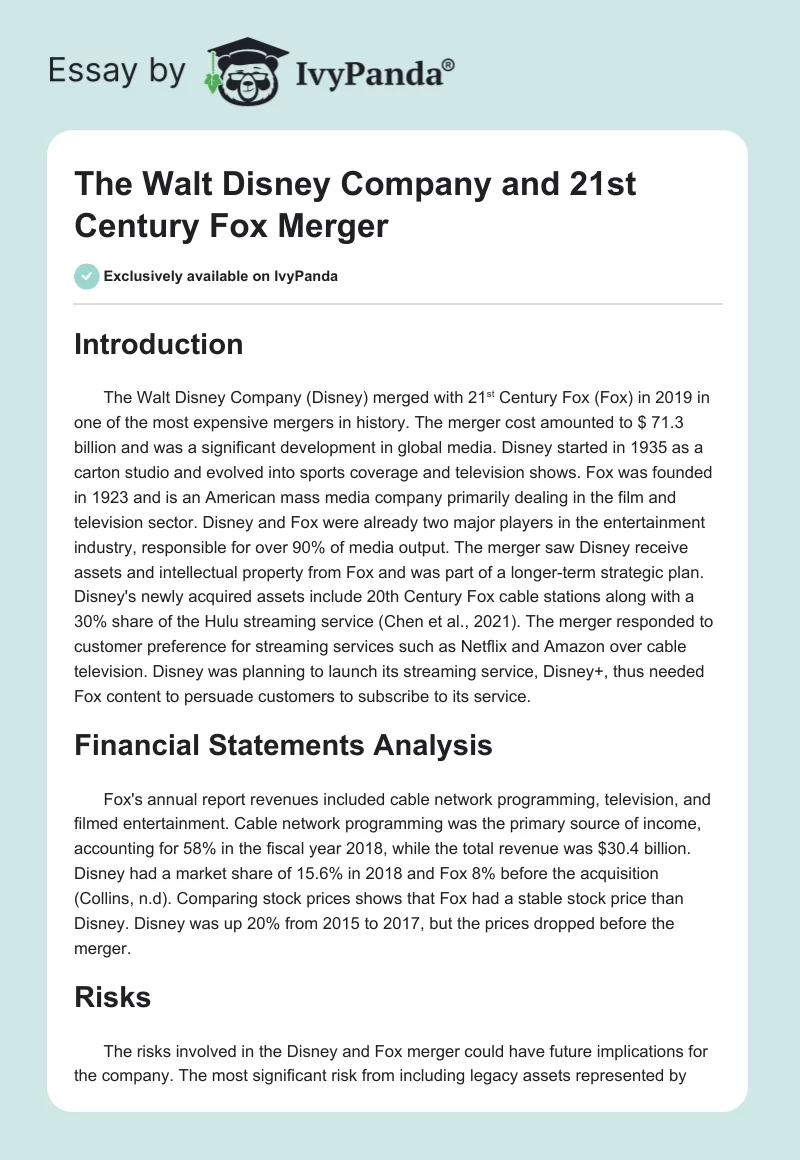 The Walt Disney Company and 21st Century Fox Merger. Page 1
