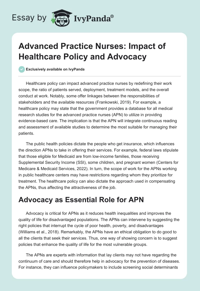 Advanced Practice Nurses: Impact of Healthcare Policy and Advocacy. Page 1