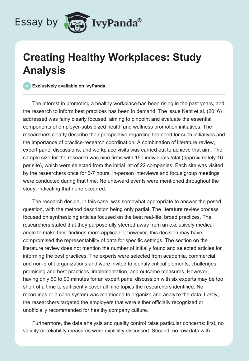 Creating Healthy Workplaces: Study Analysis. Page 1
