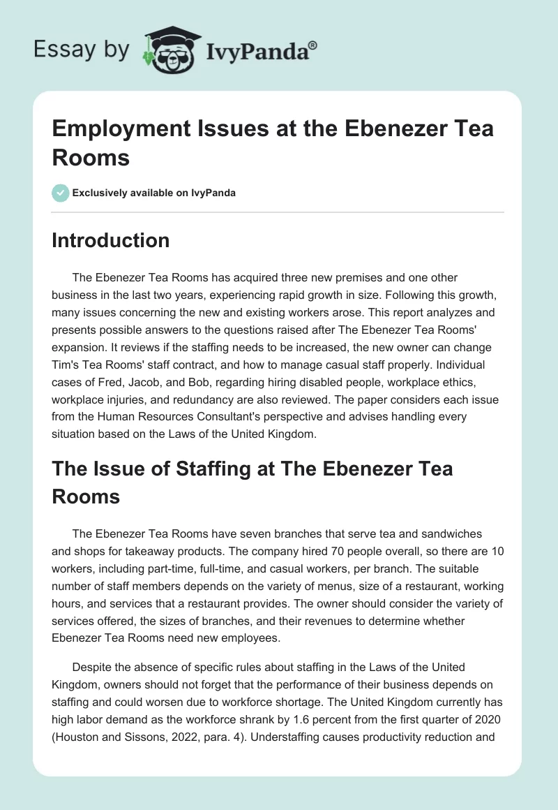 Employment Issues at the Ebenezer Tea Rooms. Page 1