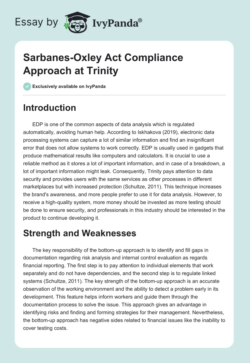 Sarbanes-Oxley Act Compliance Approach at Trinity. Page 1