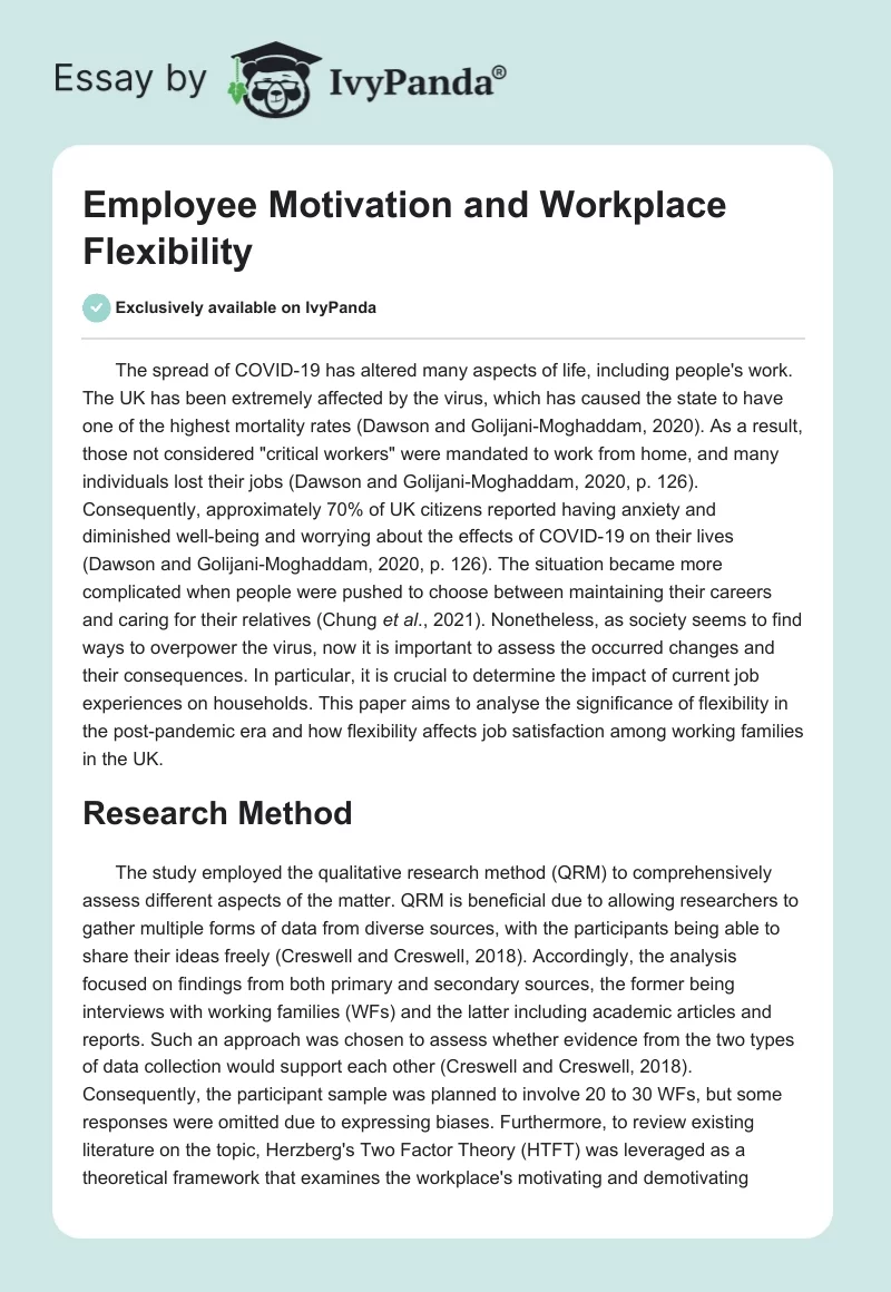 How Flexibility Affects Job Satisfaction in Working Families: Research Design. Page 1