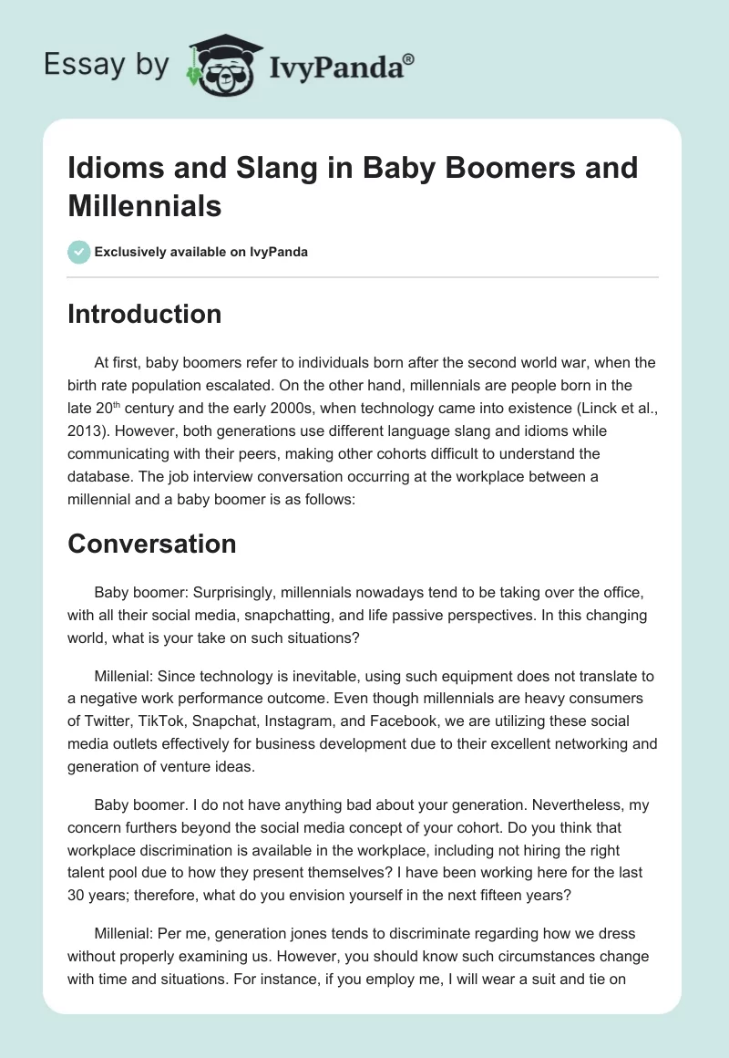 Idioms and Slang in Baby Boomers and Millennials. Page 1