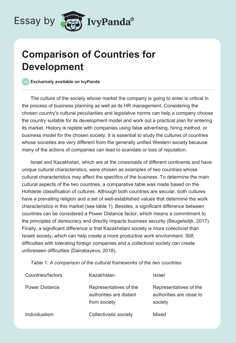Comparison of Countries for Development. Page 1