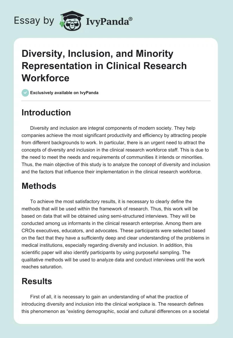 Diversity, Inclusion, and Minority Representation in Clinical Research Workforce. Page 1