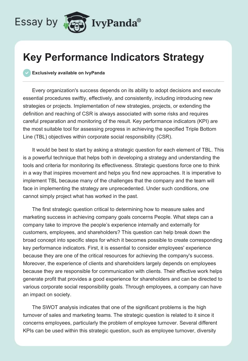 Key Performance Indicators Strategy. Page 1