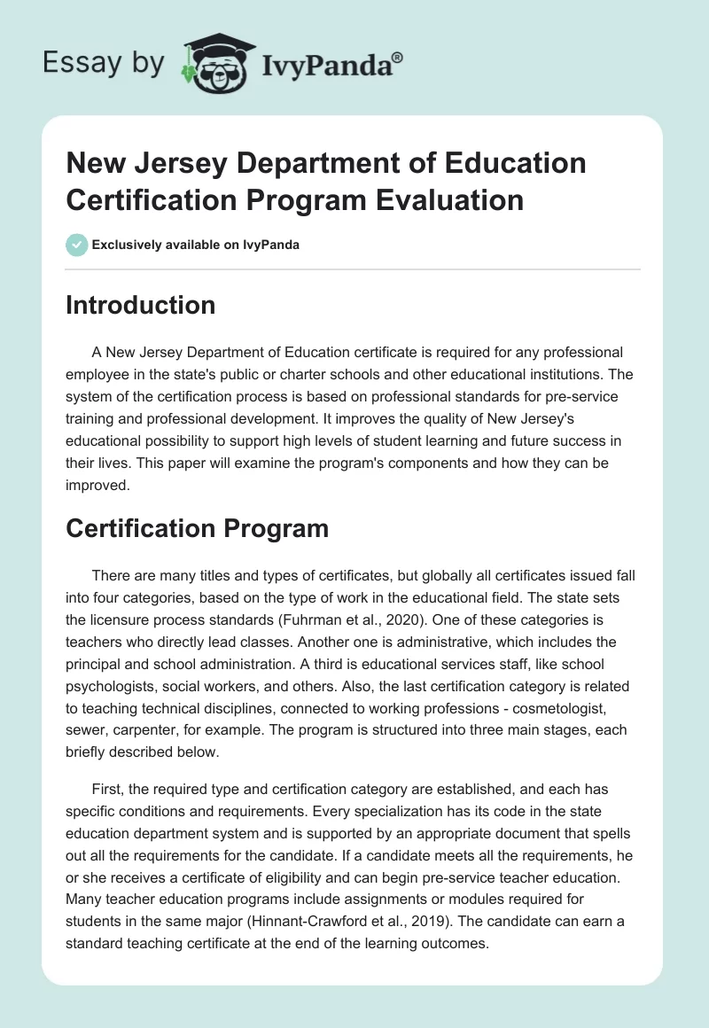 New Jersey Department of Education Certification Program Evaluation