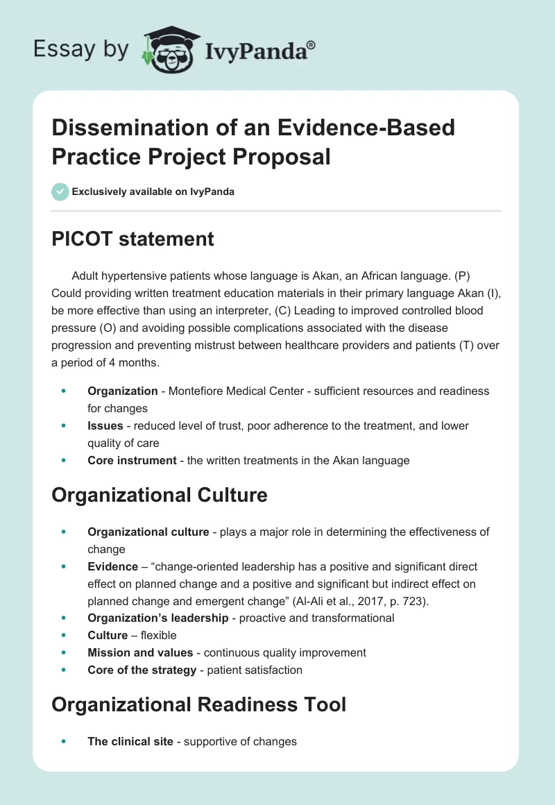 Dissemination of an Evidence-Based Practice Project Proposal. Page 1