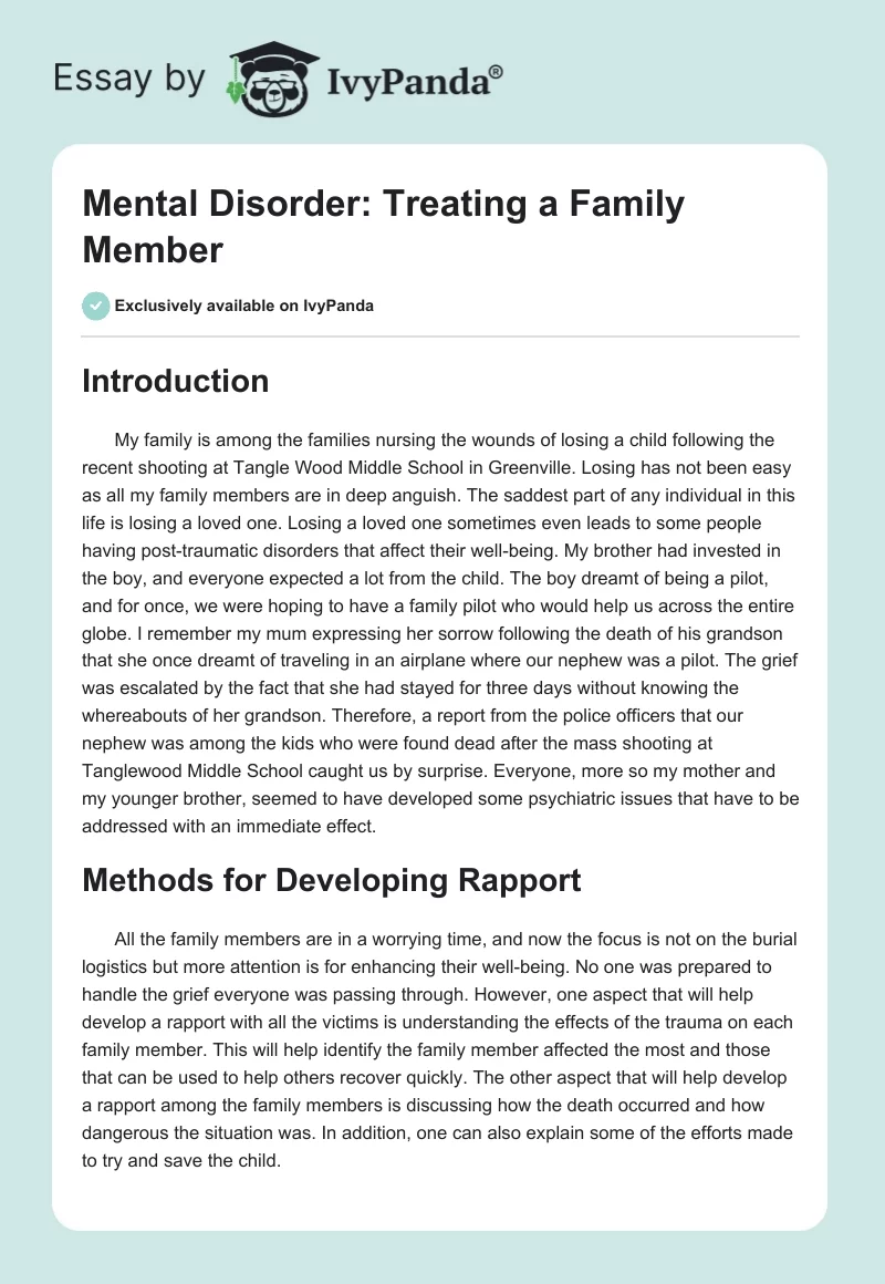 Mental Disorder: Treating a Family Member. Page 1