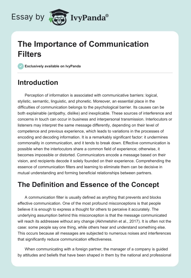 The Importance of Communication Filters. Page 1