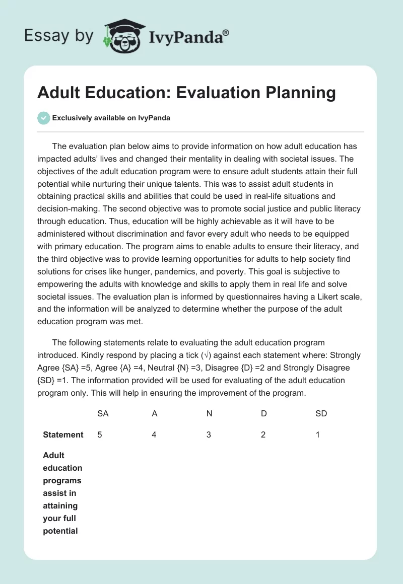 Adult Education: Evaluation Planning. Page 1