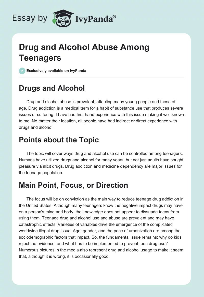 Drug and Alcohol Abuse Among Teenagers. Page 1