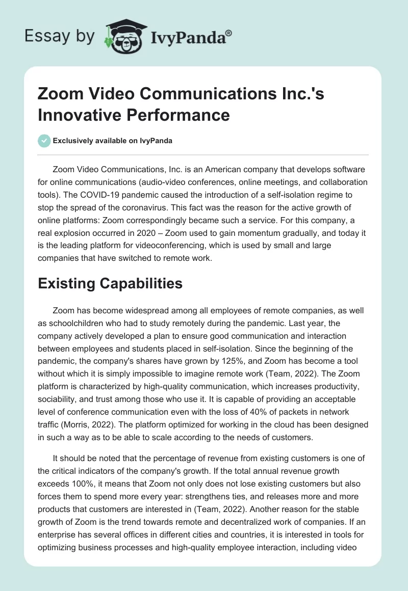 Zoom Video Communications Inc.'s Innovative Performance. Page 1