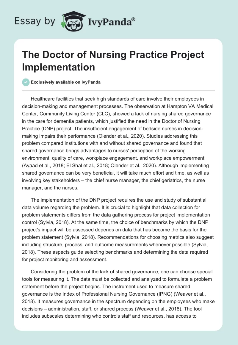 The Doctor of Nursing Practice Project Implementation. Page 1