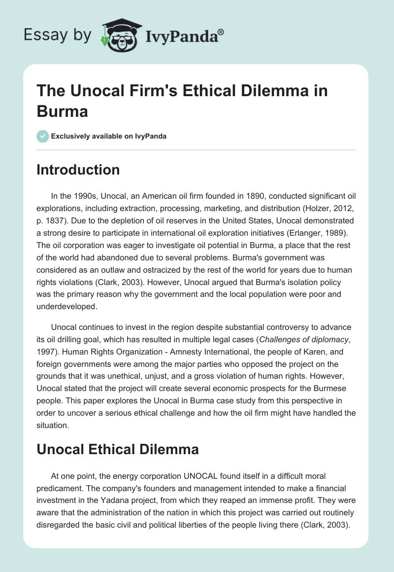 The Unocal Firm's Ethical Dilemma in Burma. Page 1