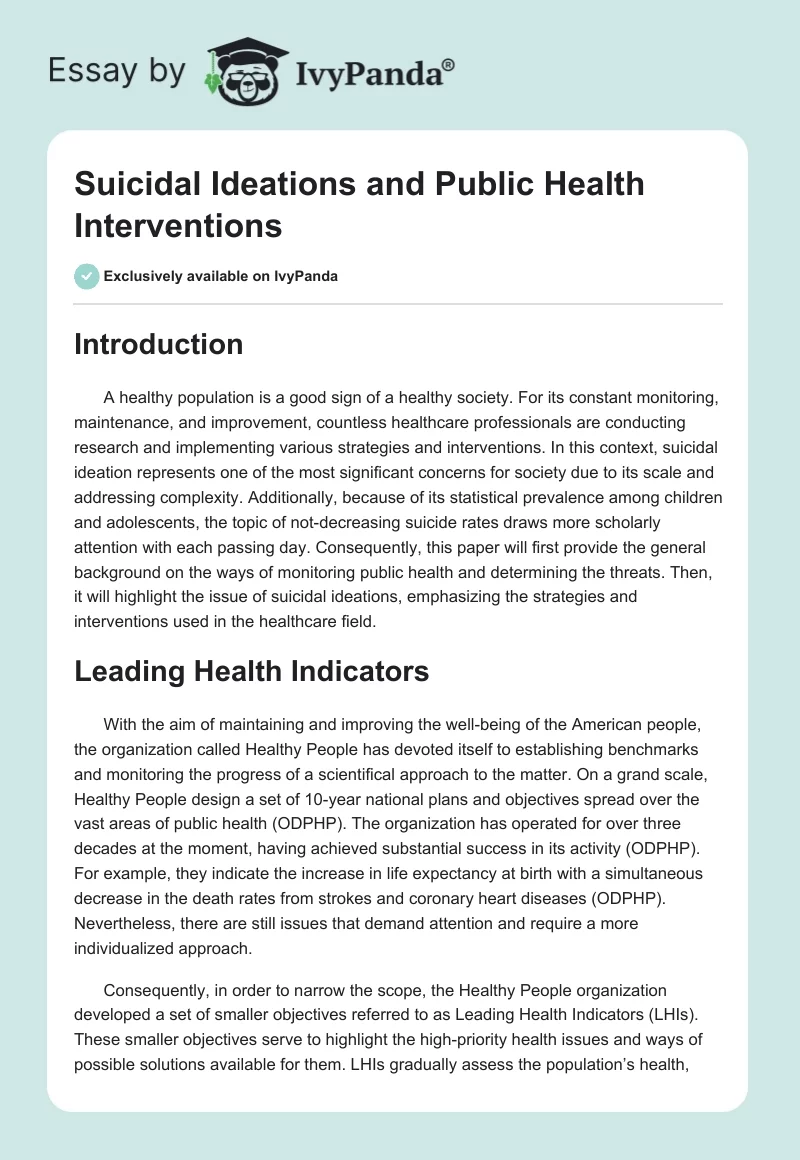 Suicidal Ideations and Public Health Interventions. Page 1