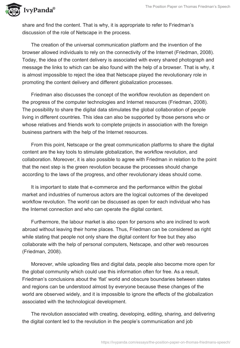 The Position Paper on Thomas Friedman’s Speech. Page 2