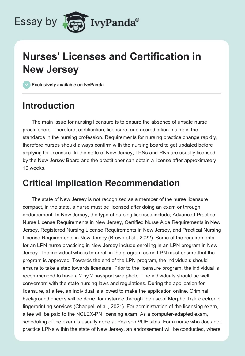 Nurses' Licenses and Certification in New Jersey. Page 1