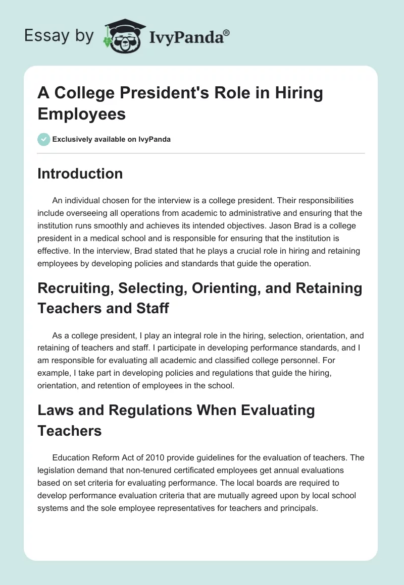 A College President's Role in Hiring Employees. Page 1