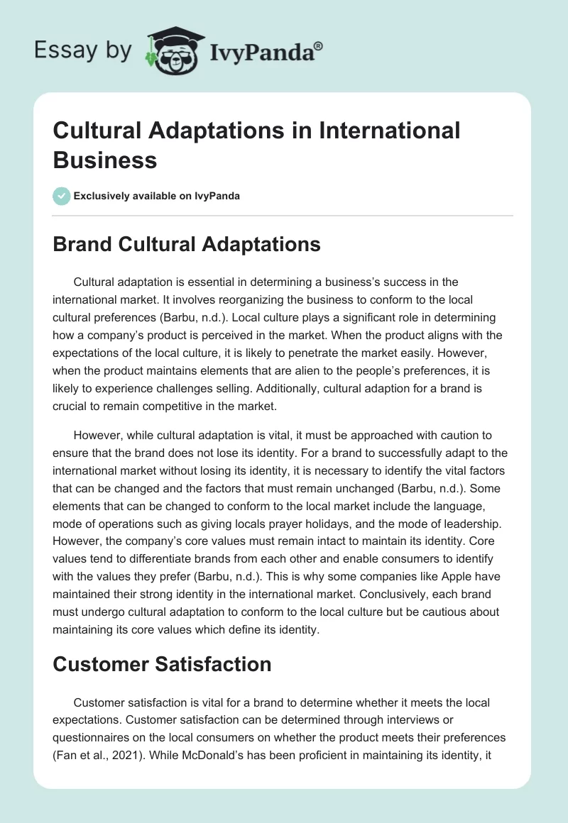 Cultural Adaptations in International Business. Page 1