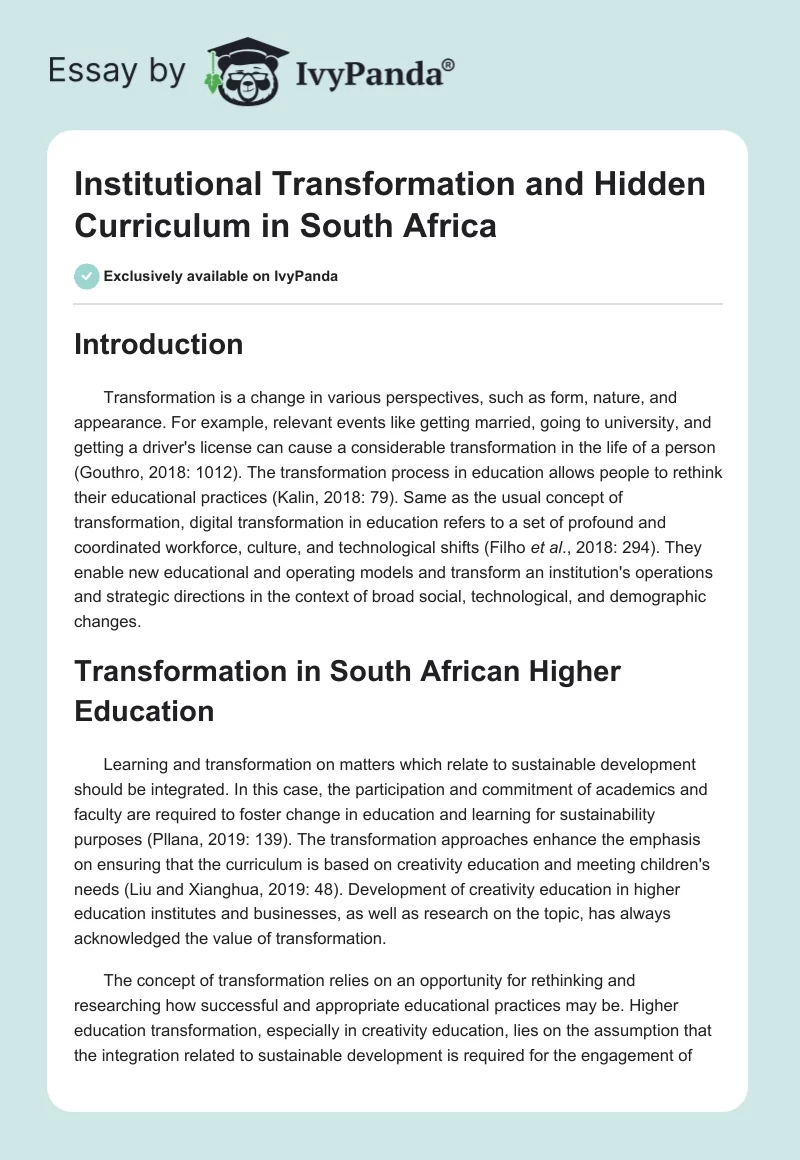 Institutional Transformation and Hidden Curriculum in South Africa. Page 1