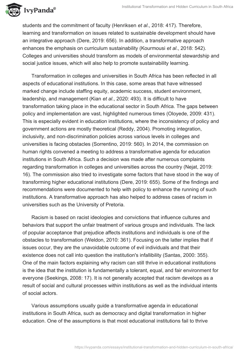 Institutional Transformation and Hidden Curriculum in South Africa. Page 2