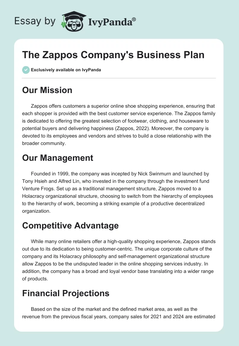 The Zappos Company's Business Plan. Page 1