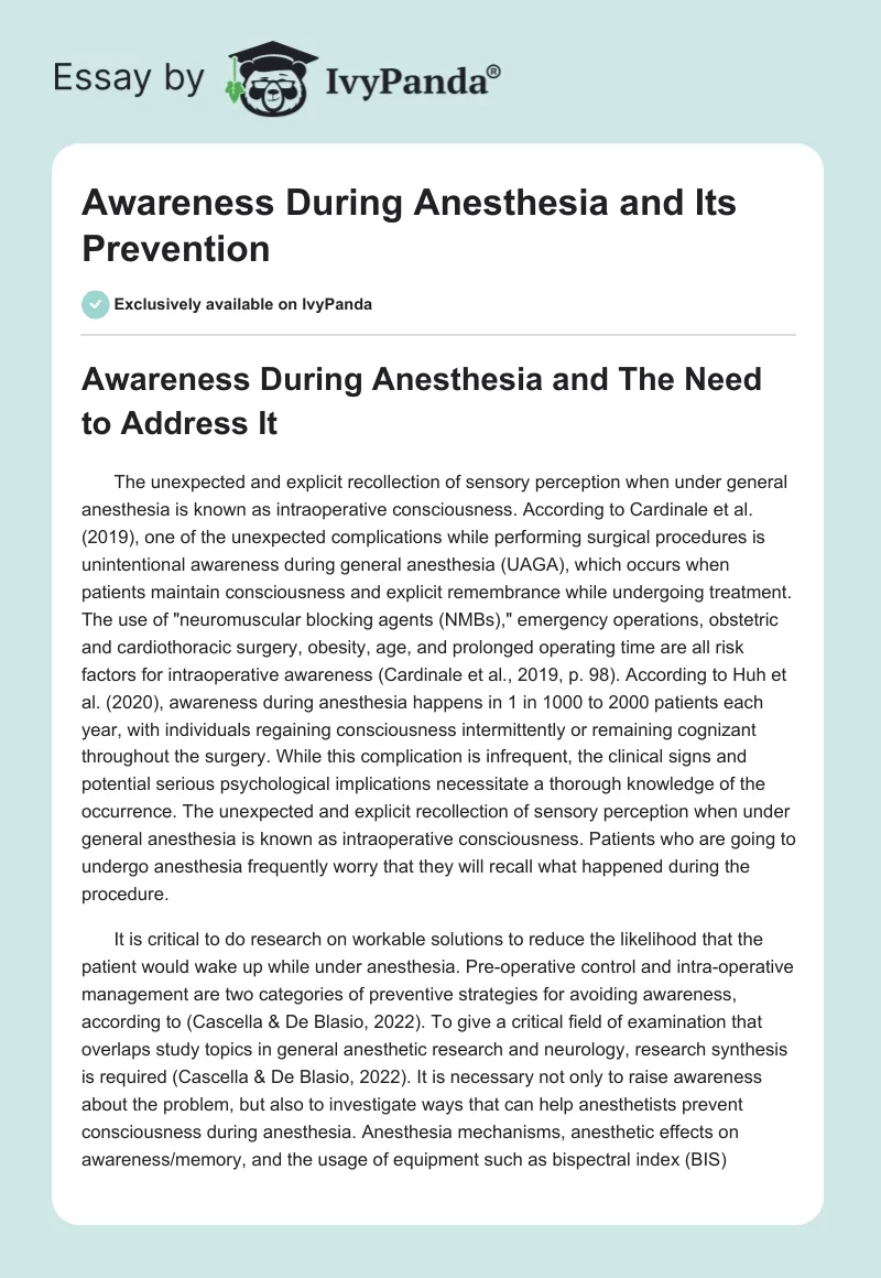 Awareness During Anesthesia and Its Prevention. Page 1