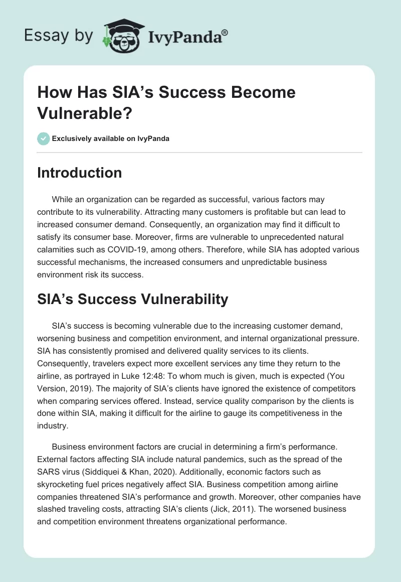 How Has SIA’s Success Become Vulnerable?. Page 1