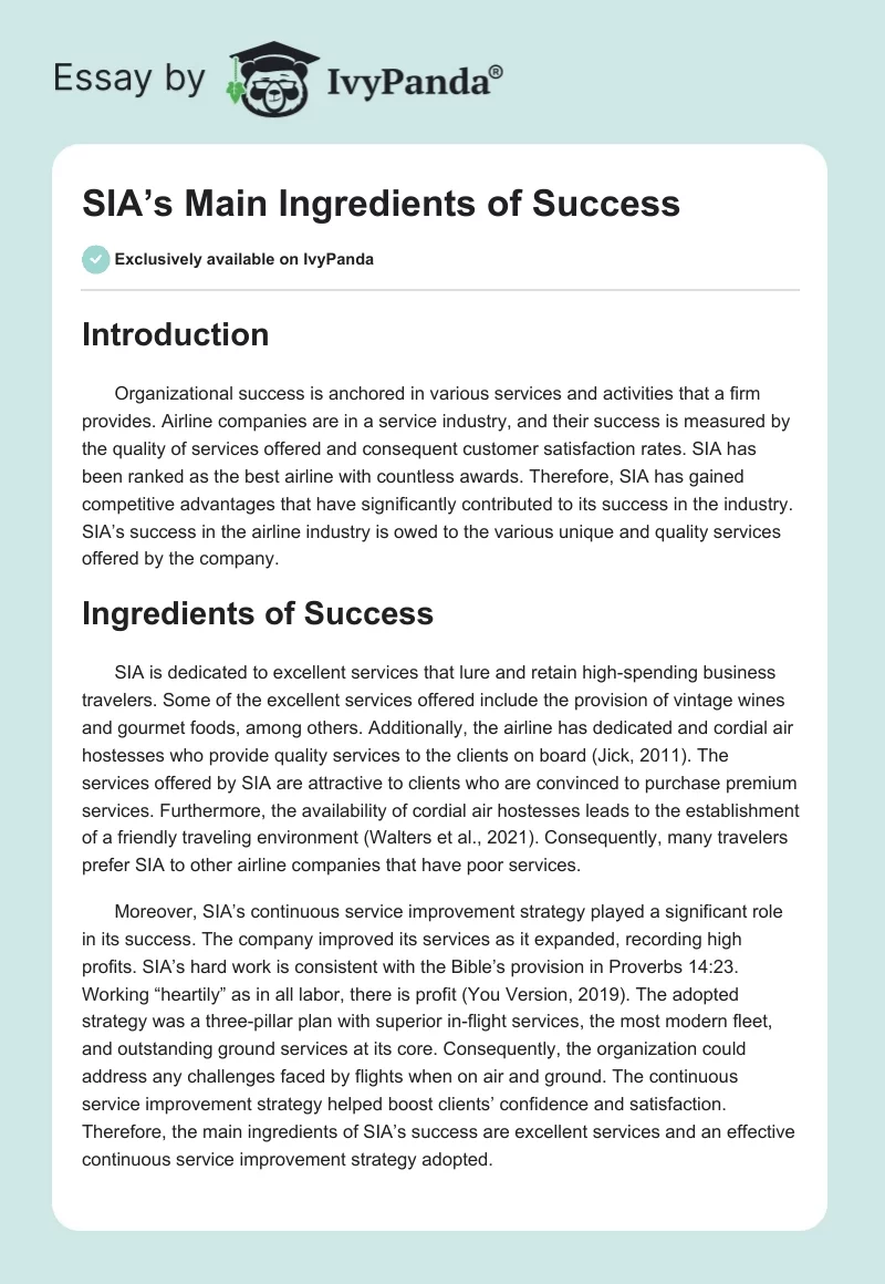 SIA’s Main Ingredients of Success. Page 1