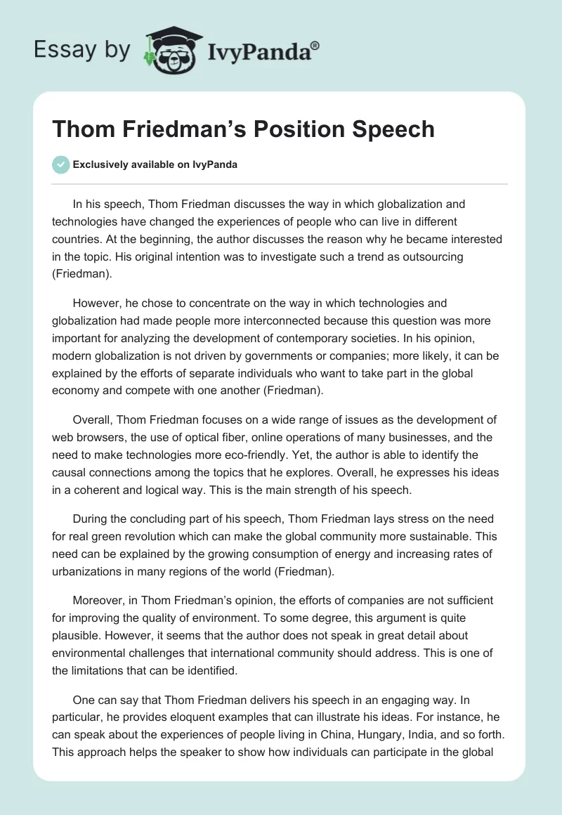 Thom Friedman’s Position Speech. Page 1