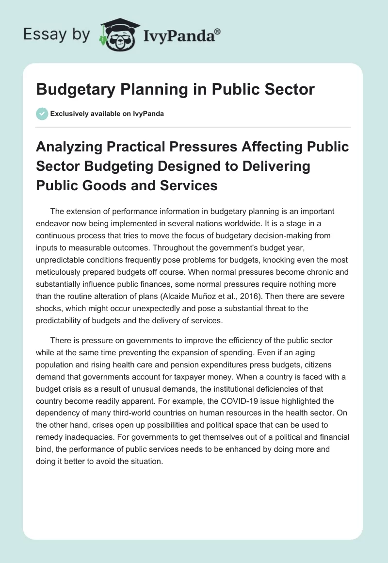 Budgetary Planning in Public Sector. Page 1