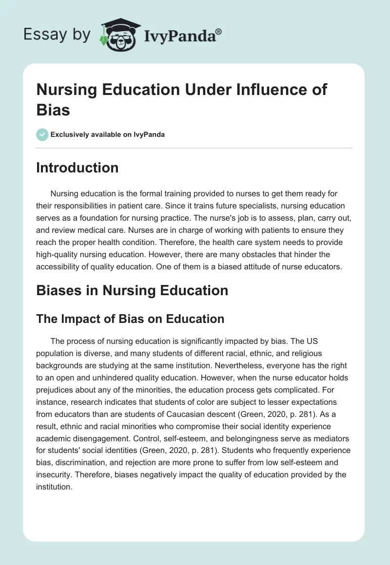 Nursing Education Under Influence of Bias. Page 1