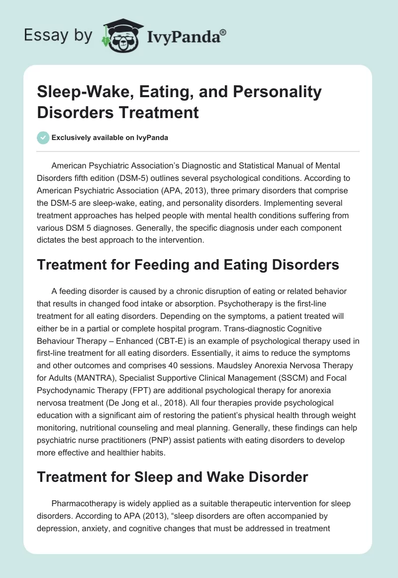 Sleep-Wake, Eating, and Personality Disorders Treatment. Page 1