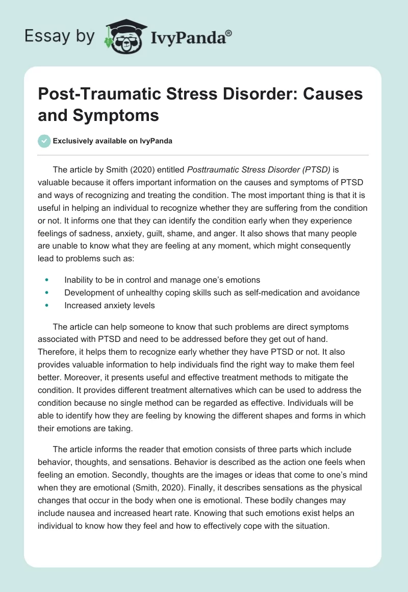 Post-Traumatic Stress Disorder: Causes and Symptoms. Page 1