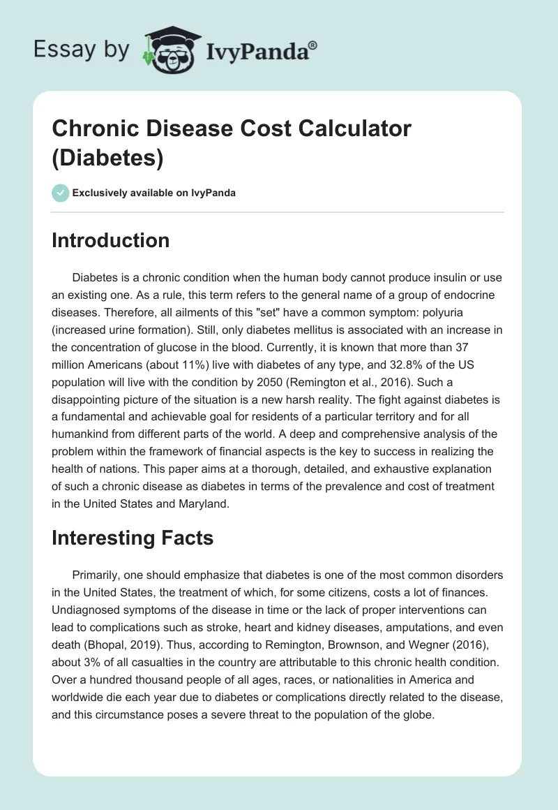 Chronic Disease Cost Calculator (Diabetes). Page 1