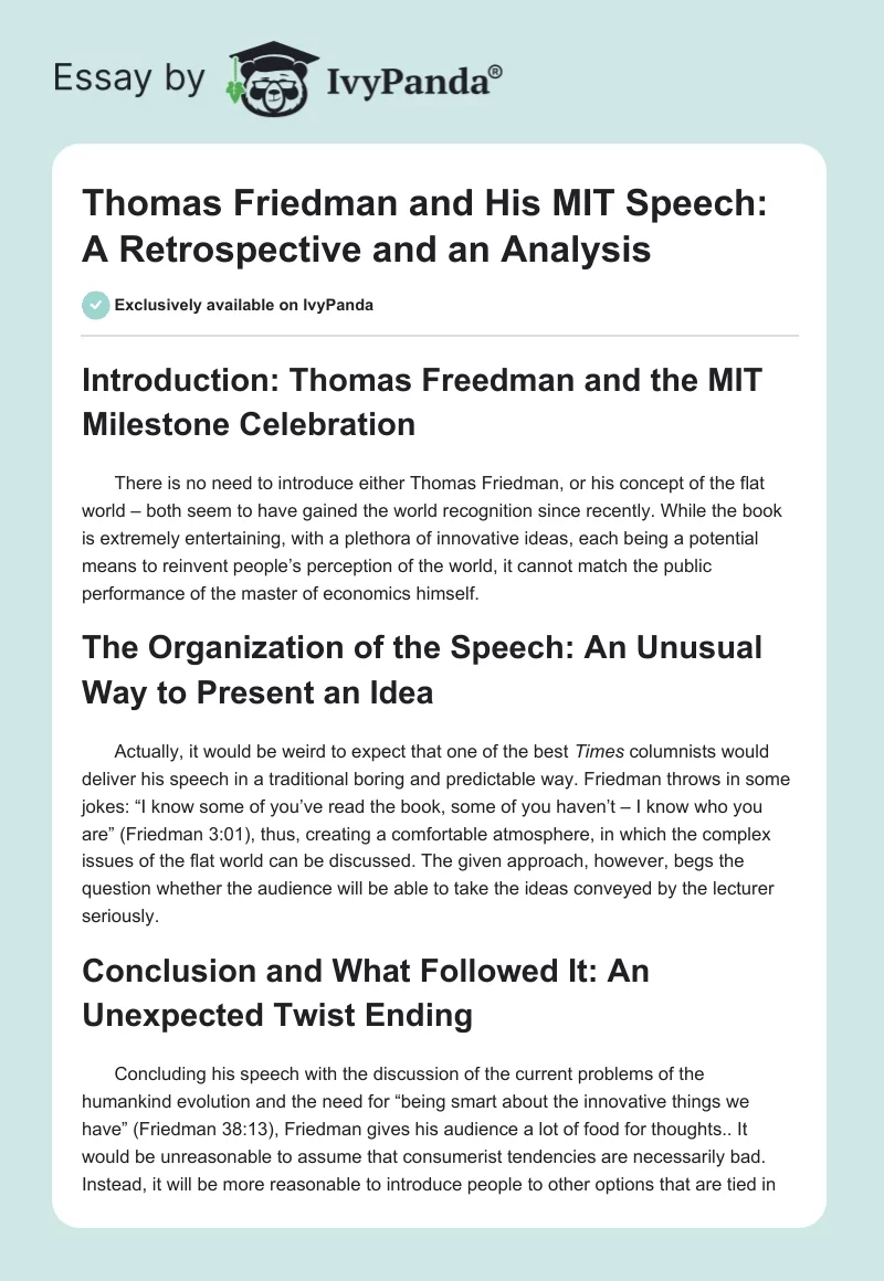 Thomas Friedman and His MIT Speech: A Retrospective and an Analysis. Page 1
