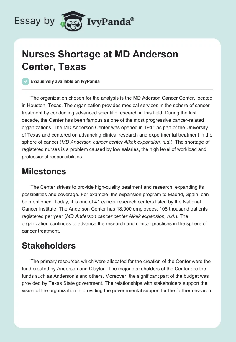 Nurses Shortage at MD Anderson Center, Texas. Page 1