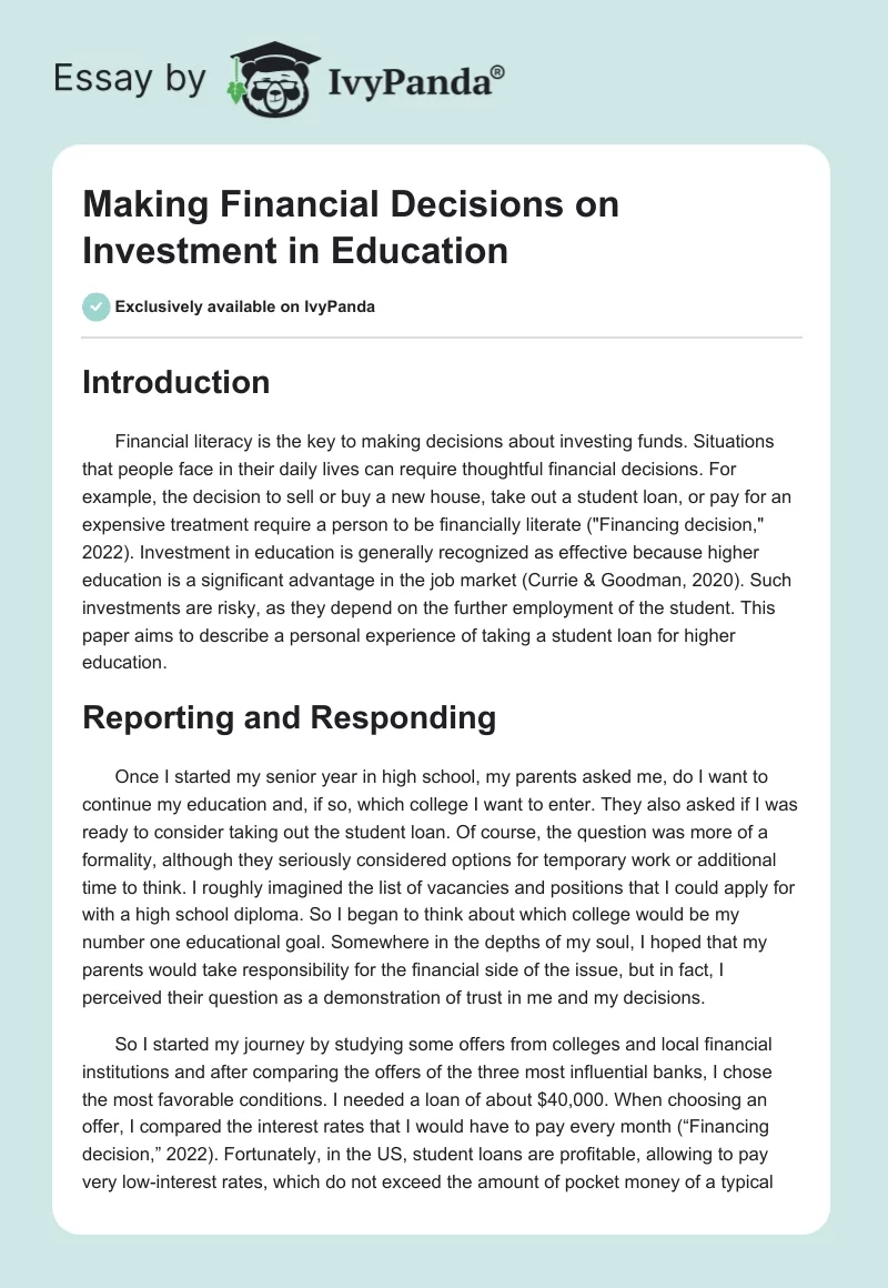 Making Financial Decisions on Investment in Education. Page 1
