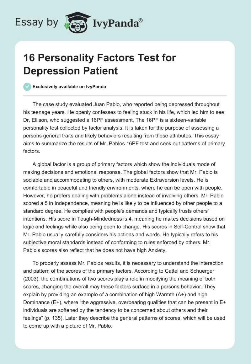 16 Personality Factors Test for Depression Patient. Page 1