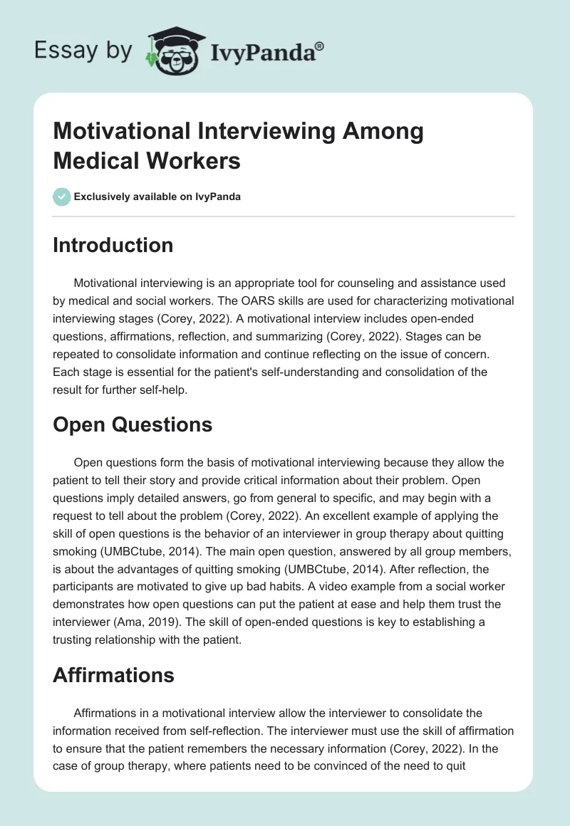 Motivational Interviewing Among Medical Workers. Page 1