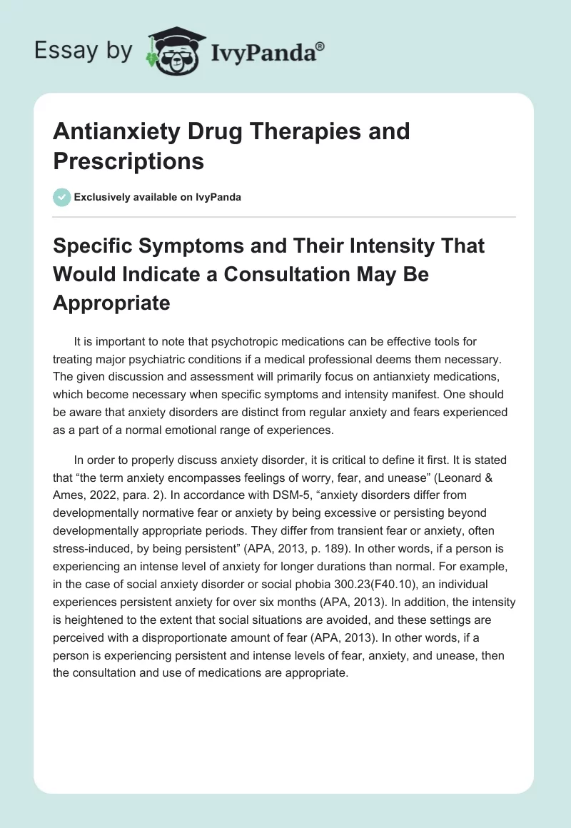 Antianxiety Drug Therapies and Prescriptions. Page 1