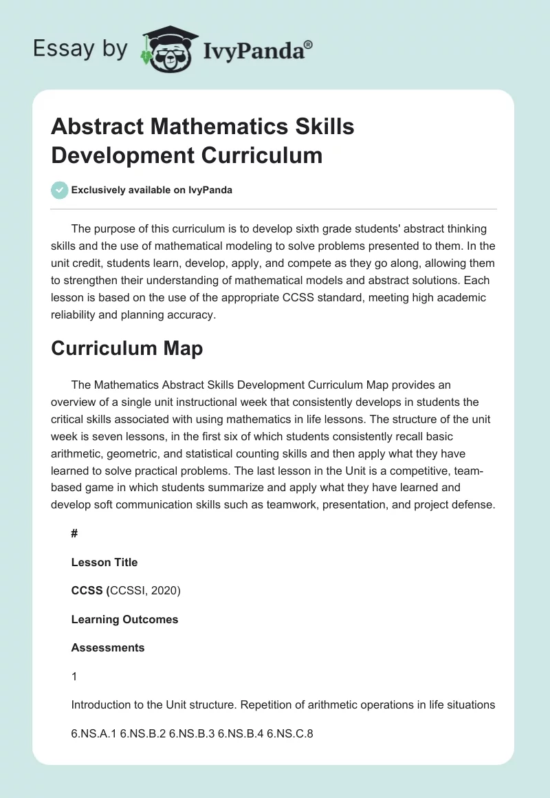 Abstract Mathematics Skills Development Curriculum. Page 1