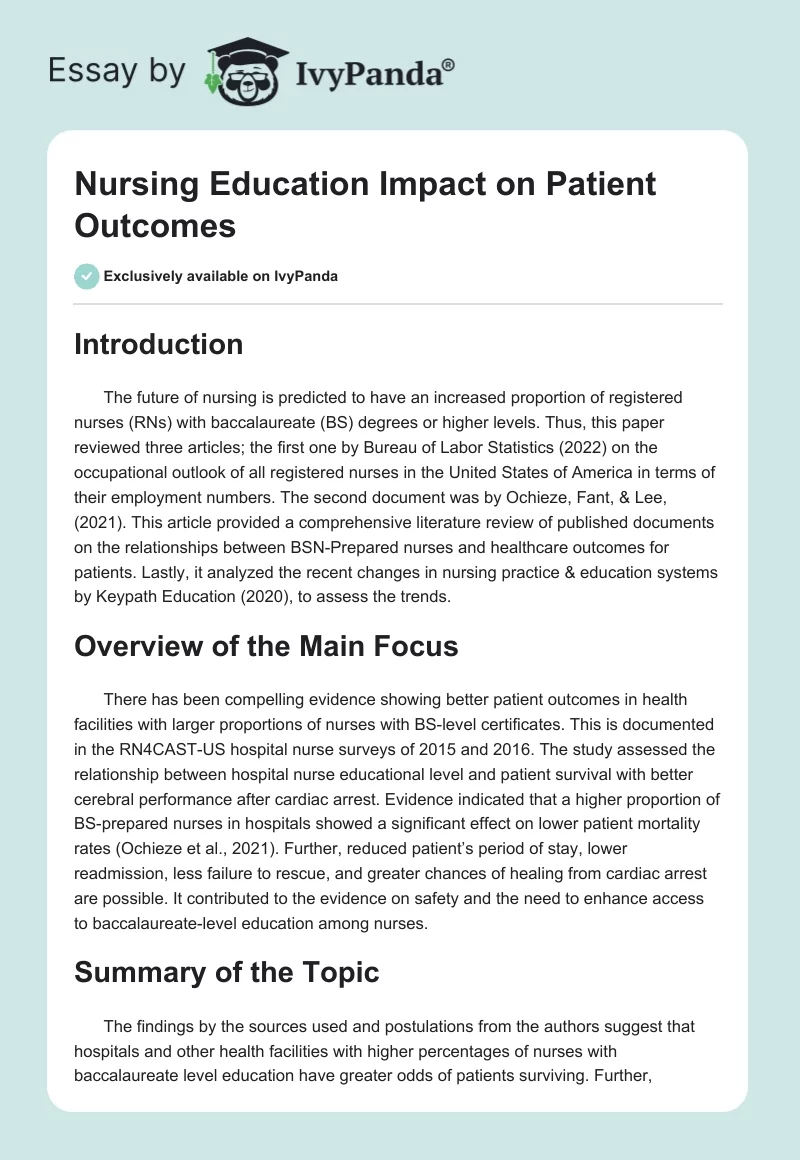 Nursing Education Impact on Patient Outcomes. Page 1