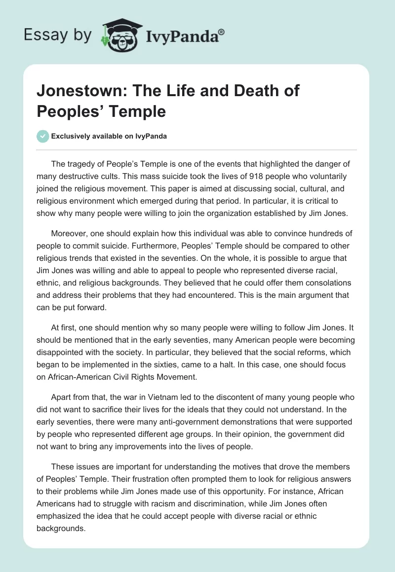 Jonestown: The Life and Death of Peoples’ Temple. Page 1