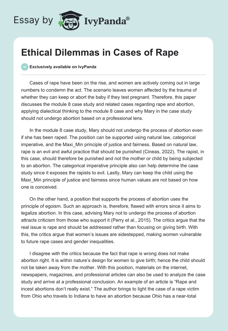 Ethical Dilemmas Regarding Rape and Abortion. Page 1